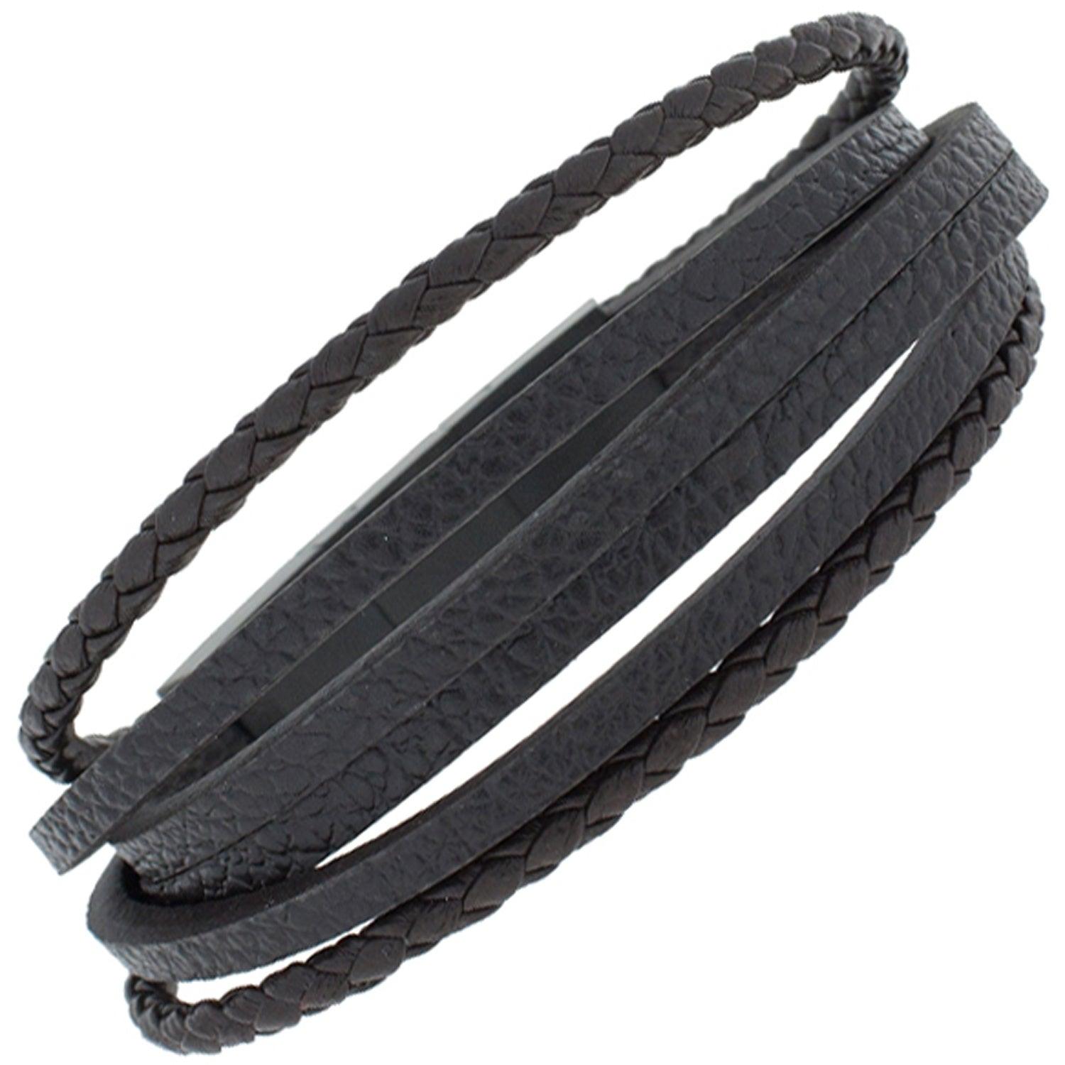 Edelstahl Leder schwarz Armband 22 mit 6-reihig cm-Armschmuck-JOBO