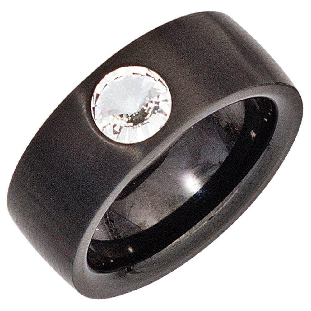 Damen Ring Edelstahl schwarz beschichtet mit Kristallstein-Ringe-JOBO