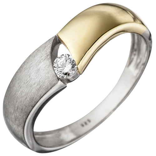 Damen Ring 925 Sterling Silber bicolor vergoldet matt 1 Zirkonia Silberring - juwelenherz.com