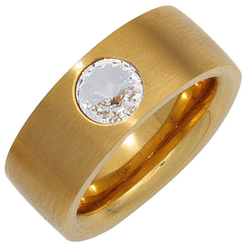 Damen Ring breit Edelstahl Kristallstein-Ringe-JOBO vergoldet gold matt mit